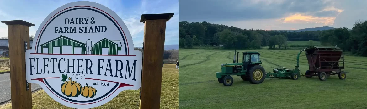 Fletcher Farm sign and a tractor in the field at sunset